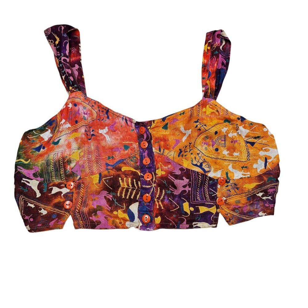 Ethnic Sleeveless Crop Top‎ Button Front Vibrant Burning Man Festival Boho